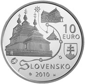 Qullqi huñuqpa qullqinmi 10 euros nisqa chaninchasqa Patrimonio cultural mundial nisqa Arco Carpato nisqapa Eslovaco nisqapi maderamanta iglesiakuna