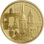 Quri huñuqpa qullqinmi 100 euros nisqa chaninchasqa 300 wata Carlos III coronasqa kasqanmanta. Bratislava llaqtapi